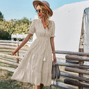 Florenza Short Sleeve Midi Striped Dress in Beige, Green and Blue