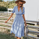 Florenza Short Sleeve Midi Striped Dress in Beige, Green and Blue