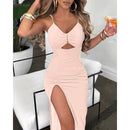 V-Neck Chain Décor Cutout High Slit Black Dress, in Blue, Orange, Red, Yellow, Pink or Blue