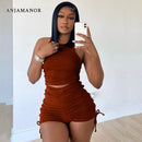 Drawstring Zipper Rib Casual Crop Top and Shorts Set