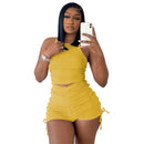 Drawstring Zipper Rib Casual Crop Top and Shorts Set