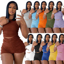 Drawstring Zipper Rib Casual Crop Top and Shorts Set