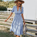 Florenza Short Sleeve Midi Striped Dress in Beige, Green and Blue