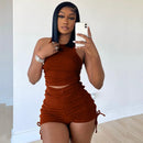 Drawstring Zipper Rib Casual Crop Top and Shorts Set