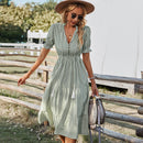 Florenza Short Sleeve Midi Striped Dress in Beige, Green and Blue