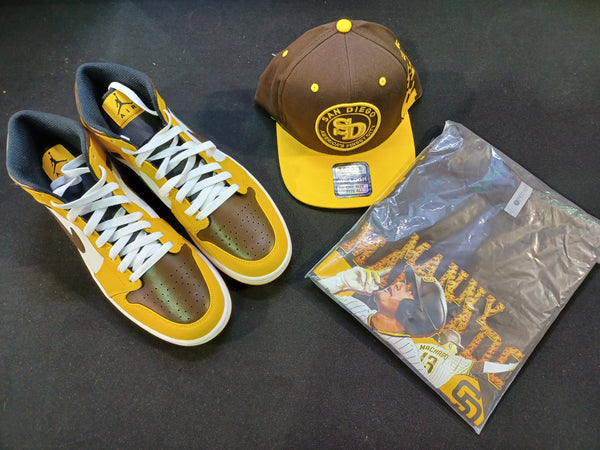 San Diego Padres Themed Air Jordan Shoes, Hat, and Shirt Package