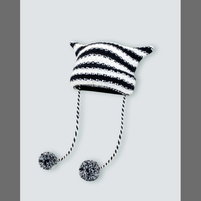 Striped Knitted Wool Winter Beanie Hat for Women and Girls
