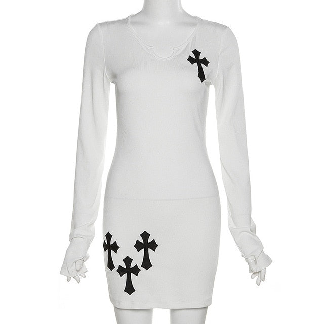 Cross Printed White Mini Dress or Black Mini Dress