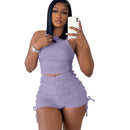 Drawstring Zipper Rib Casual Crop Top and Shorts Set