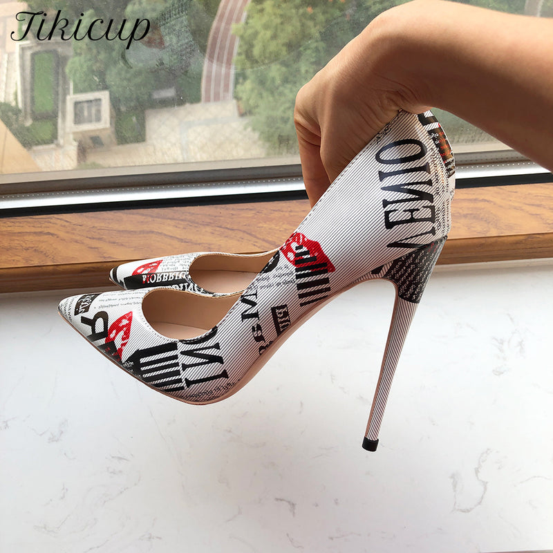 Graphic Print White Pointy Toe High Heel Shoes