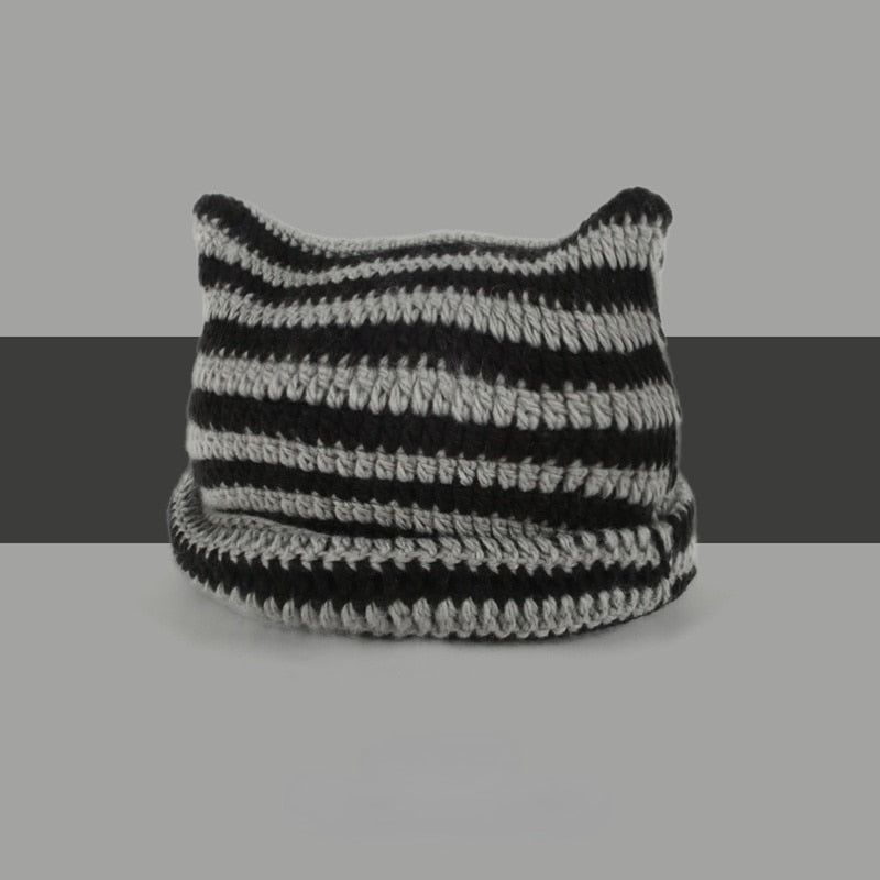 Striped Knitted Wool Winter Beanie Hat for Women and Girls