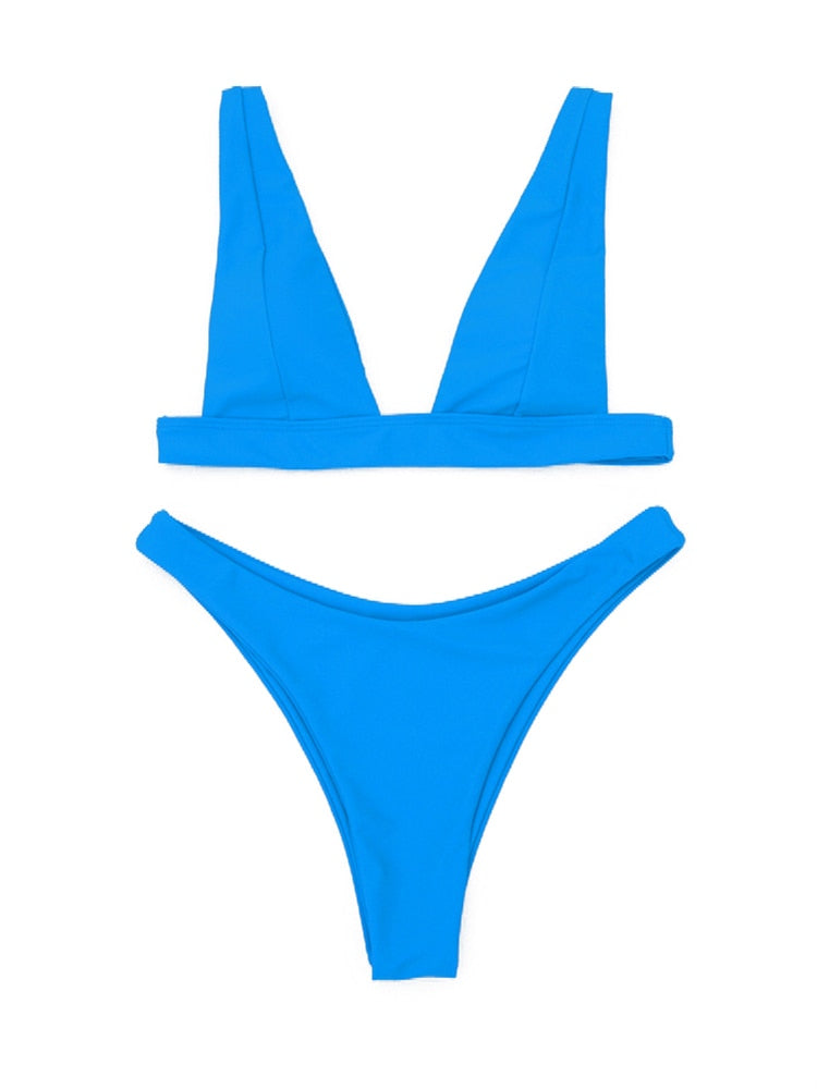 Blue Fixed Triangle Bikini with Zip