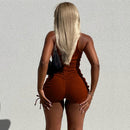 Drawstring Zipper Rib Casual Crop Top and Shorts Set