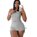 Drawstring Zipper Rib Casual Crop Top and Shorts Set