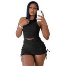 Drawstring Zipper Rib Casual Crop Top and Shorts Set
