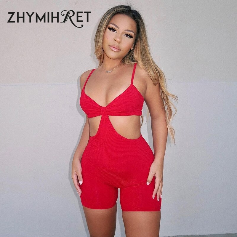 Hollow Out Spaghetti Strap Bodysuit / Shorts in Red, Khaki, Light Blue, Black or Sage Green