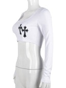 Cross Embroidered Crop Top for Women, in White or Khaki