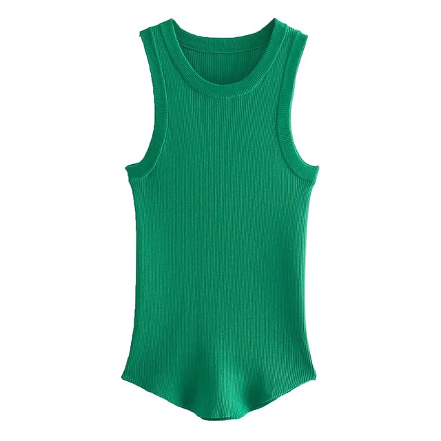 Green Ribbed Fitted Knit O Neck Sleeveless