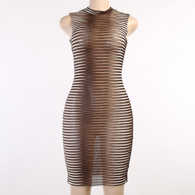 Stripe Printed O-neck Party Mini Dress