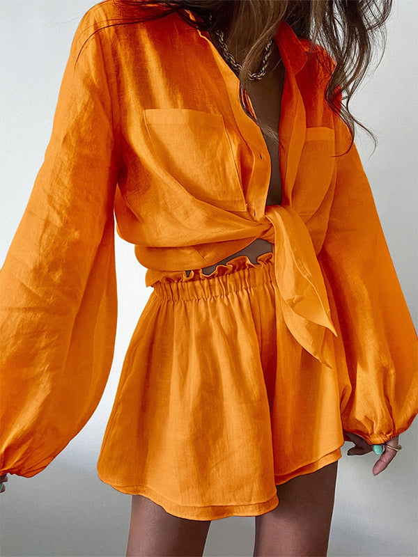 Sapphire Long Sleeve Shirt and Shorts Set, Available in Orange Green, Blue, Pink, and White