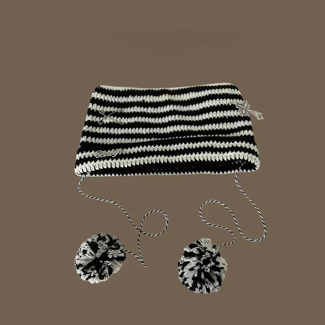 Striped Knitted Wool Winter Beanie Hat for Women and Girls