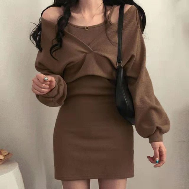 French Elegant Suit Suspender Dress in Coffee Brown or Black