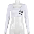 Cross Embroidered Crop Top for Women, in White or Khaki
