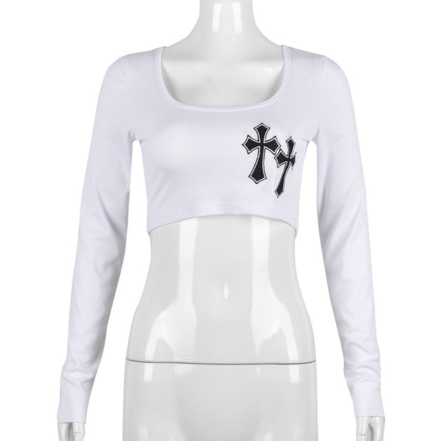 Cross Embroidered Crop Top for Women, in White or Khaki
