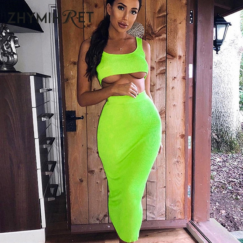 Neon Color Sexy Ribbed Dress Set, Crop Top & Skirt