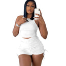 Drawstring Zipper Rib Casual Crop Top and Shorts Set