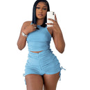Drawstring Zipper Rib Casual Crop Top and Shorts Set
