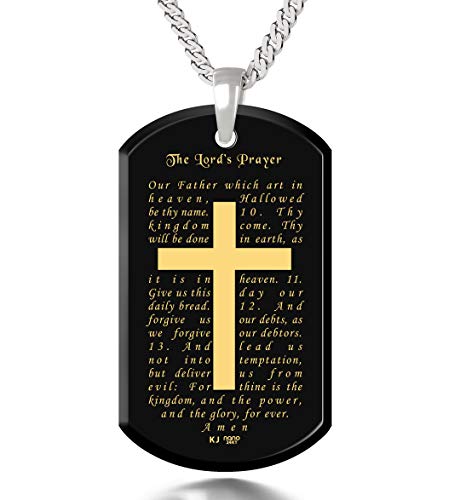 Men’s Cross Necklace Lord’s Prayer Dog Tag Pendant 24k Gold Inscribed