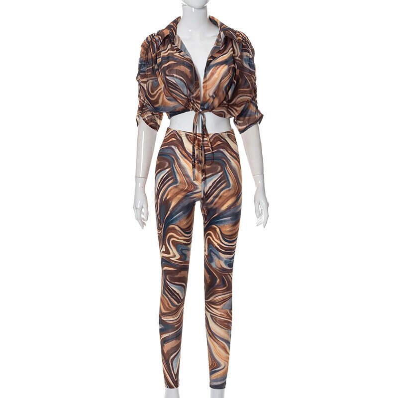2 Piece Set Abstract Print Sheer Mesh Outfits