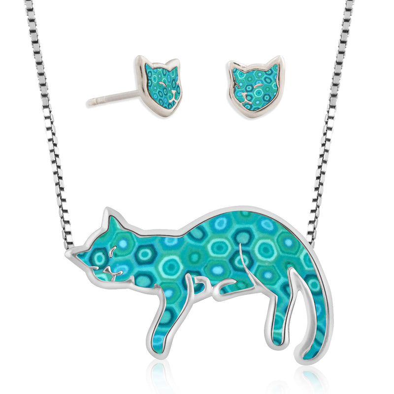 925 Sterling Silver Cat Necklace and Earrings Set Handcrafted Pendant