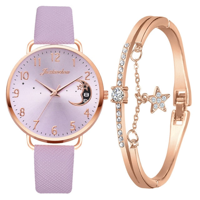 Moon Numbers Bracelet Watches Set for Women