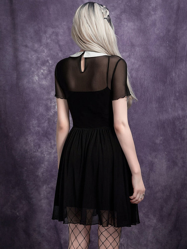 Wednesday Bat-Neck Mesh Black Dress