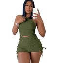 Drawstring Zipper Rib Casual Crop Top and Shorts Set