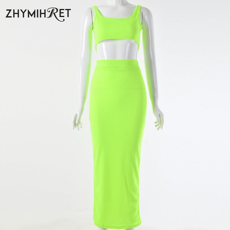 Neon Color Sexy Ribbed Dress Set, Crop Top & Skirt