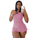 Drawstring Zipper Rib Casual Crop Top and Shorts Set