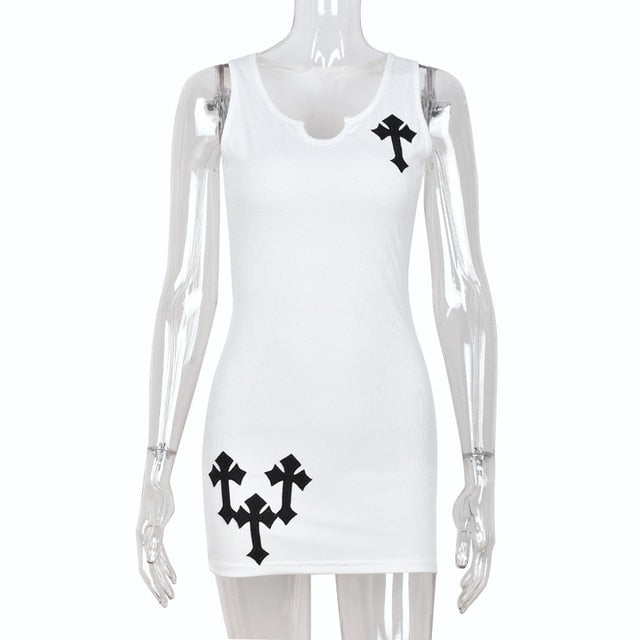 Cross Printed White Mini Dress or Black Mini Dress