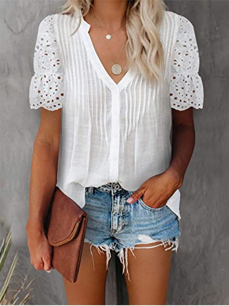 White Shirt with Lace and V-neck Emily